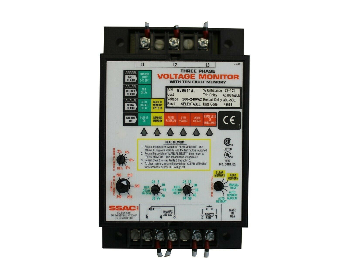 SSAC INC THREE PHASE VOLTAGE MONITOR WITH 10 FAULT MEMORY WVM611AL
