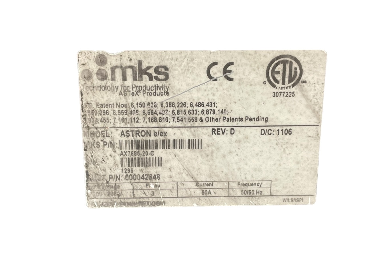 MKS ASTEK PRODUCTS ASTRON E/EX REV D AX7685-20-C 600042648