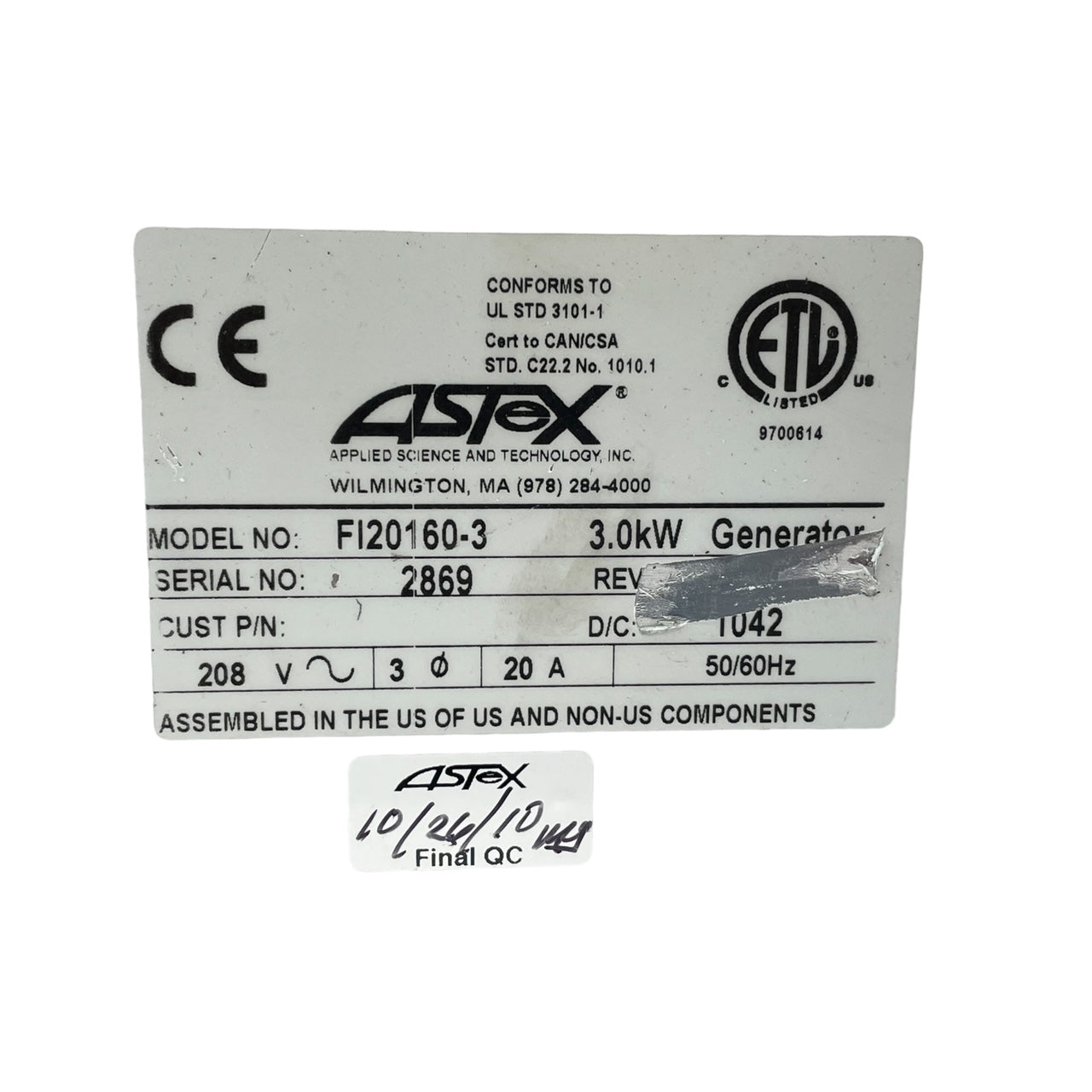 MKS ASTEX PRODUCTS F120160-3 RF GENERATOR 3.0kW 208V 3PH