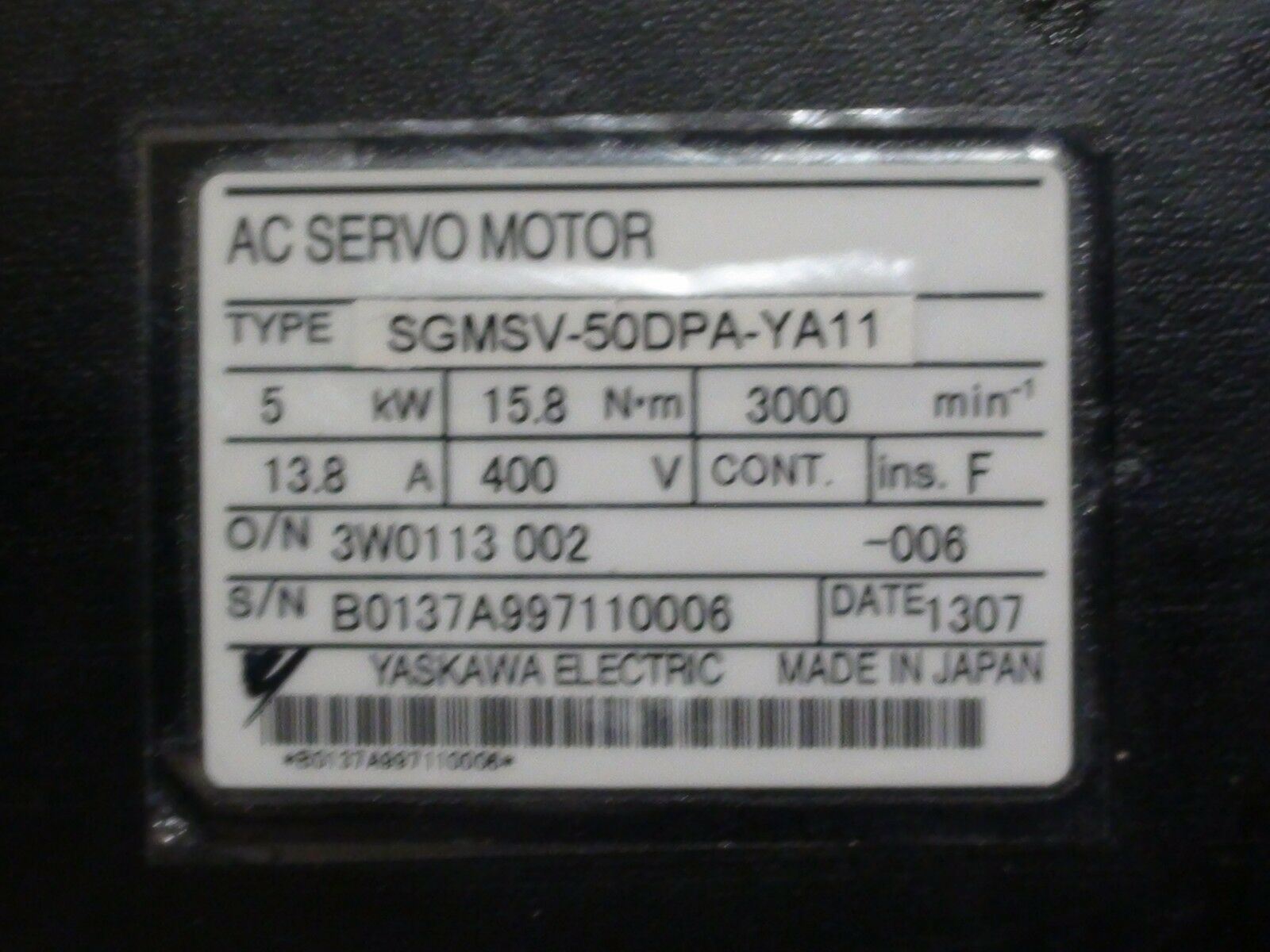 HARMONIC DRIVE YASKAWA AC SERVO MOTOR SGMSV-50DPA-YA11 5KW CNC 7333795160 SPA-90