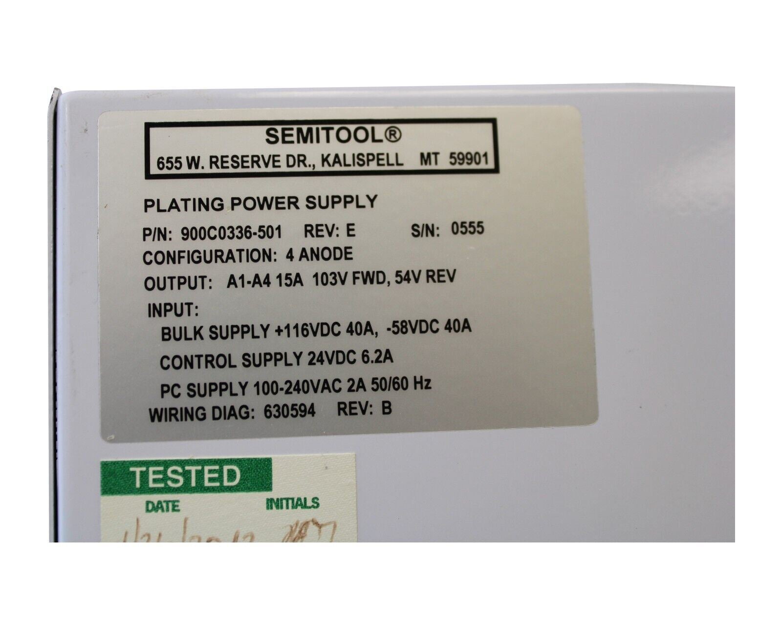 SEMITOOL 900C0336-501 REV E PLATING POWER SUPPLY 100-240 VAC 2A 50/60HZ